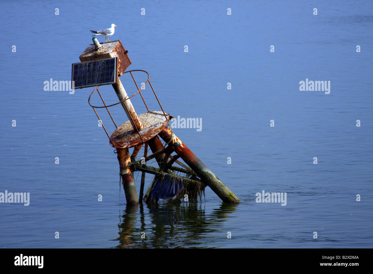 Gebrochen, versenkt halb solar Leuchtturm und Möwe. Stockfoto