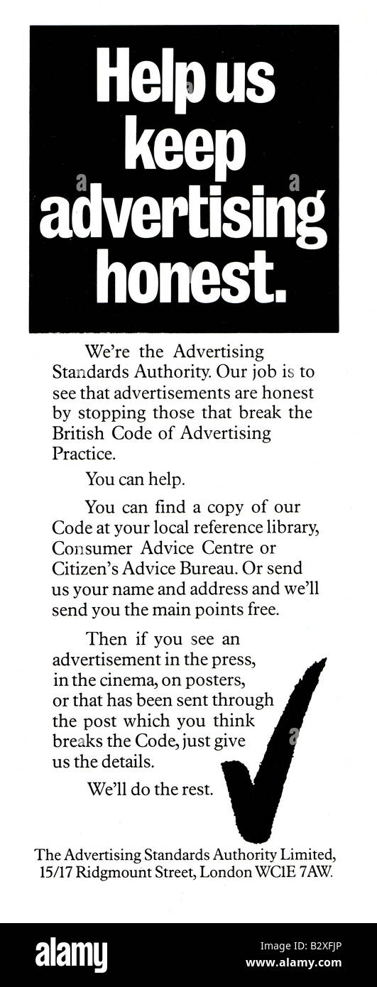 1975 1970s Advertising Standards Authority Anzeige um Informationen über Werbung für nur zur redaktionellen Nutzung Stockfoto