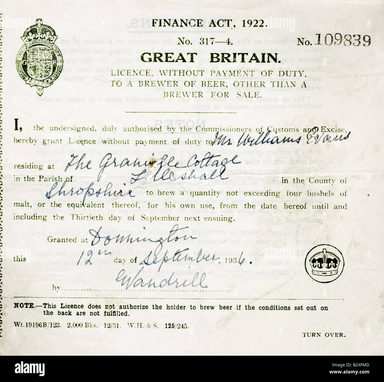 1936 UK Brauen-Lizenz für Hause brauen, nur für den Eigengebrauch und nicht mehr als vier Scheffel Malz für nur zur redaktionellen Nutzung Stockfoto