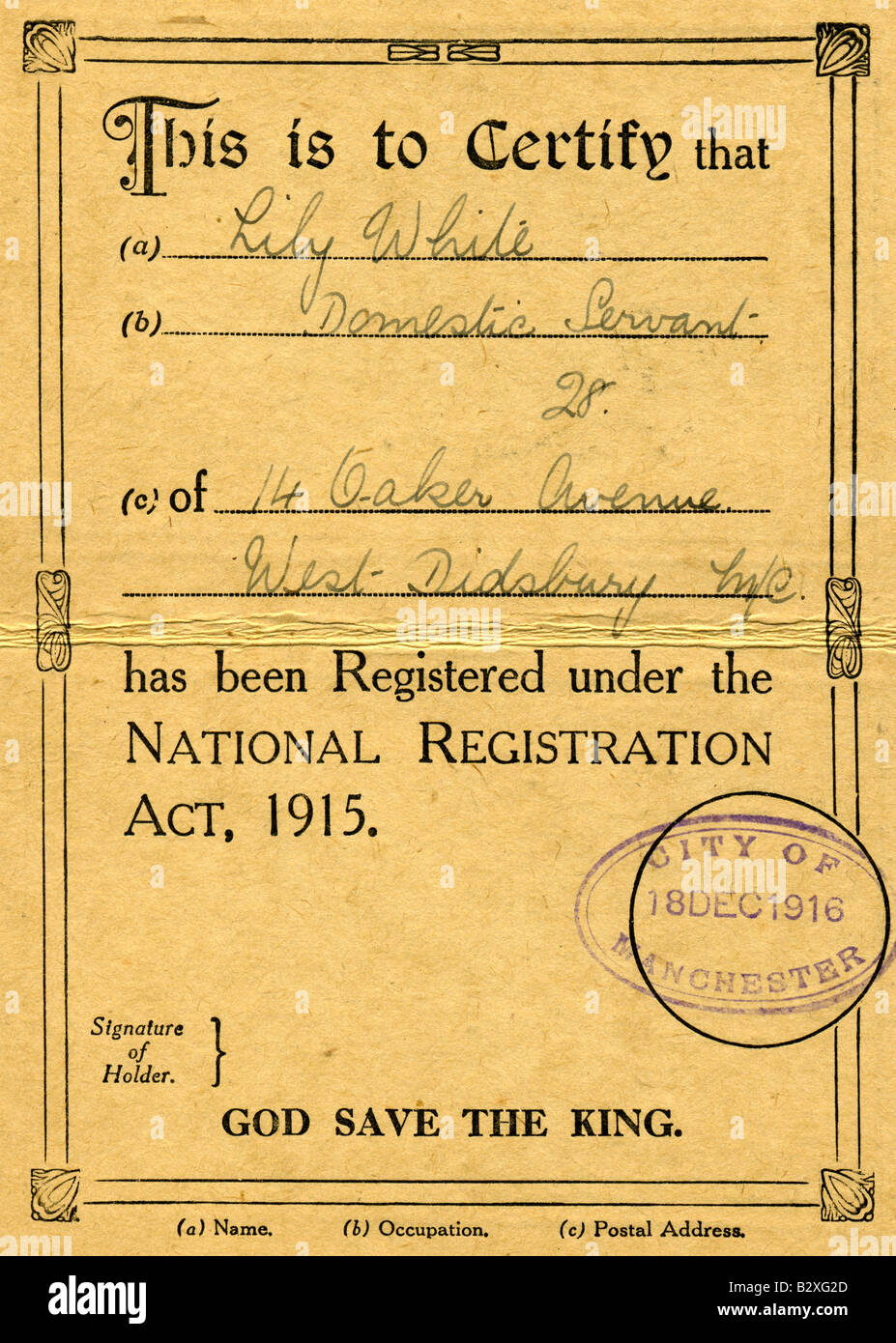 1916 ersten Weltkrieg nationalen Act 1915 Zulassungsbescheinigung für nur zur redaktionellen Verwendung Stockfoto