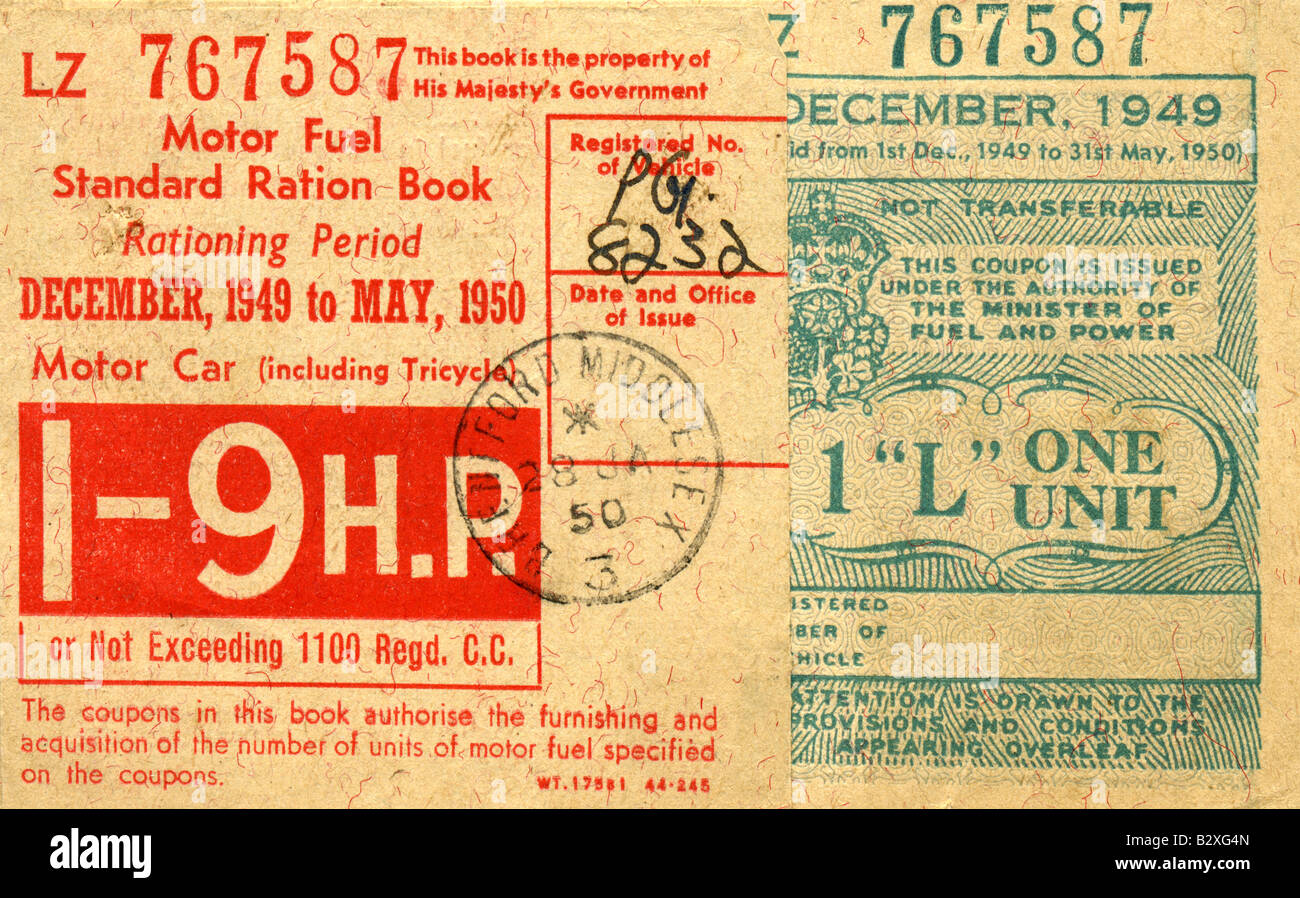 1949-1950 Motor Kraftstoff Ration Buch während Post Krieg Benzin nur zu redaktionellen Zwecken Rationierung Stockfoto