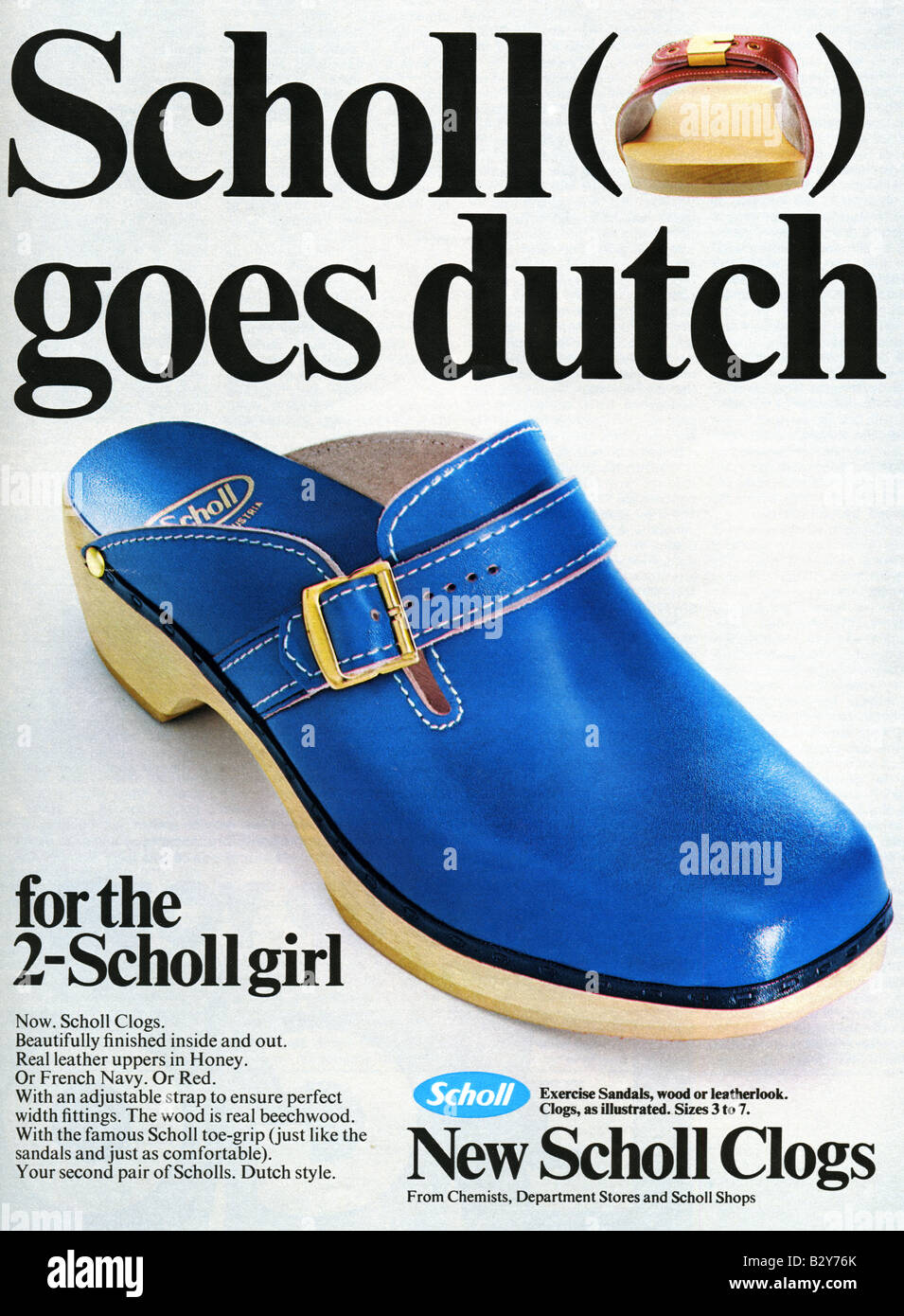 1971-Werbung für Scholl Clogs. NUR ZU REDAKTIONELLEN ZWECKEN Stockfoto