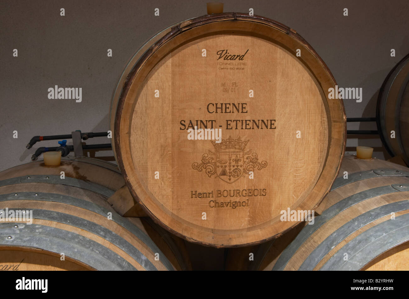 Fass aus Holz von der Eiche Saint Etienne von Vicard. Domaine Henri Bourgeois, Chavignol, Sancerre, Loire, Frankreich Stockfoto