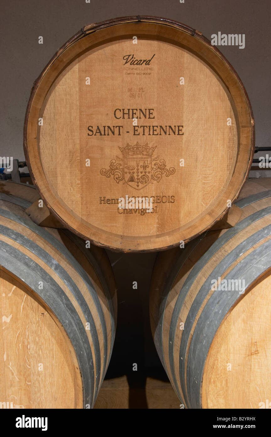 Fass aus Holz von der Eiche Saint Etienne von Vicard. Domaine Henri Bourgeois, Chavignol, Sancerre, Loire, Frankreich Stockfoto