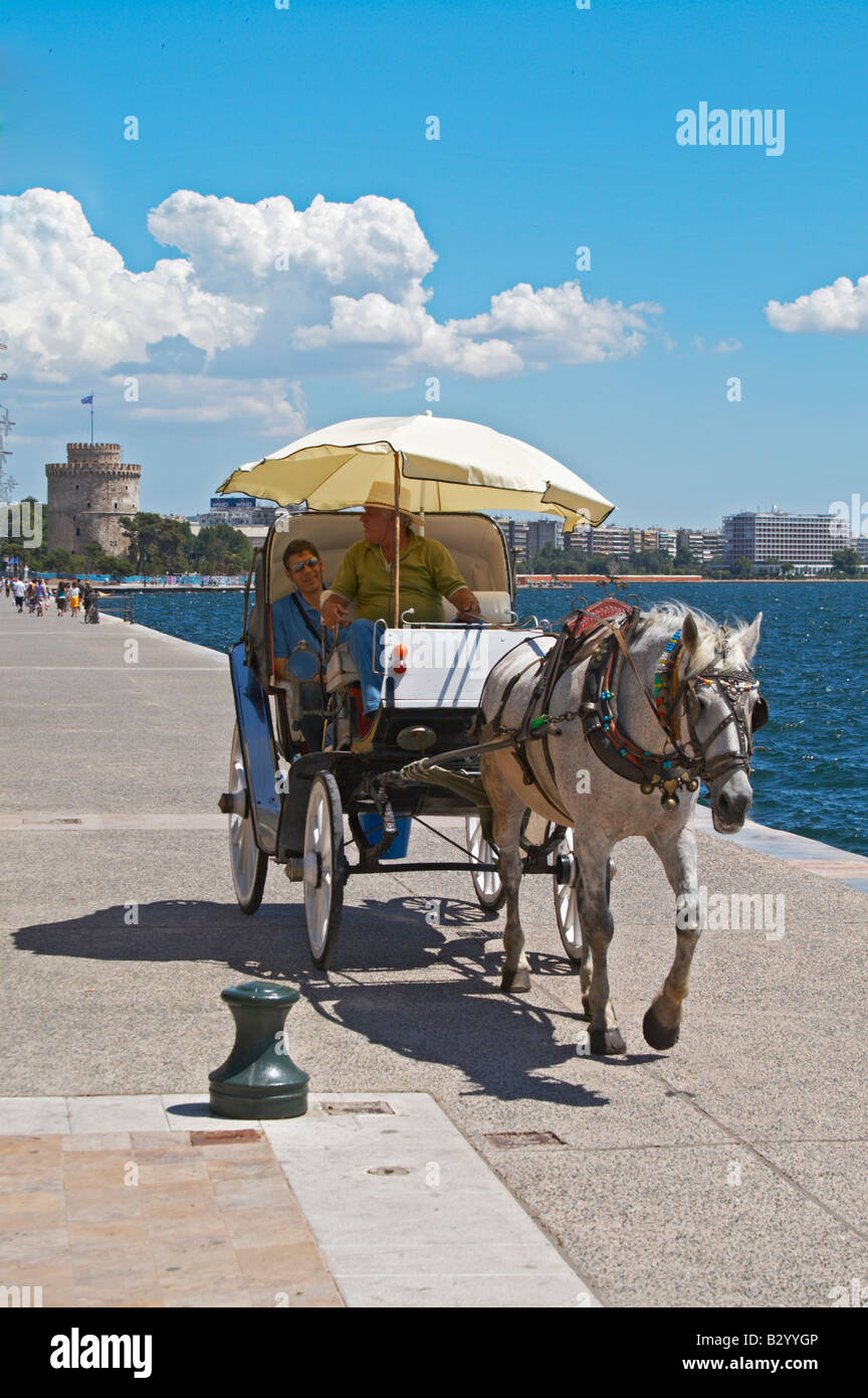 Pferdekutsche direkt am Wasser. Thessaloniki, Makedonien, Griechenland Stockfoto