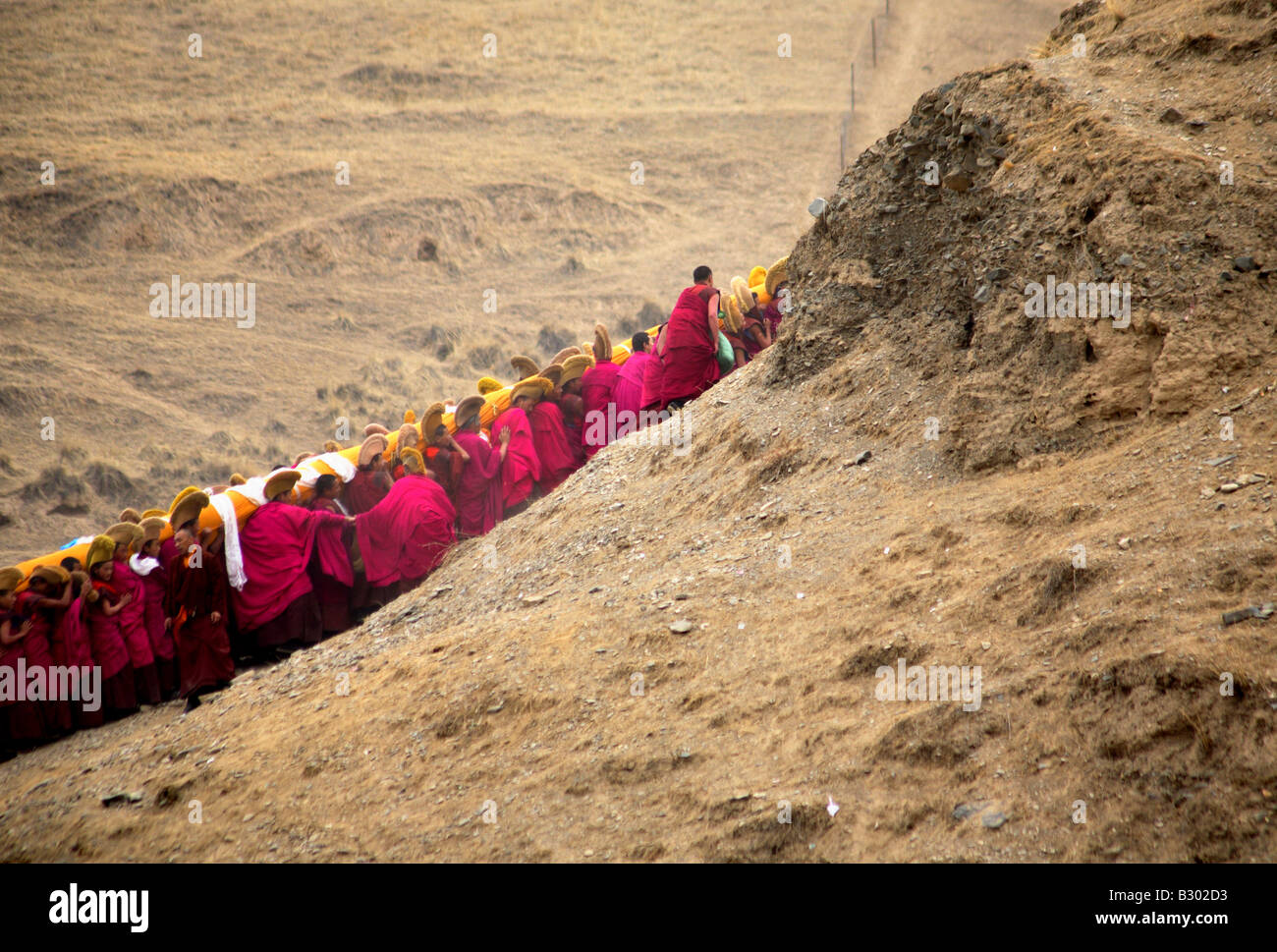 Mönche tragen eine riesige Thangka während eines Festivals in der Nähe von Tongren, China Stockfoto