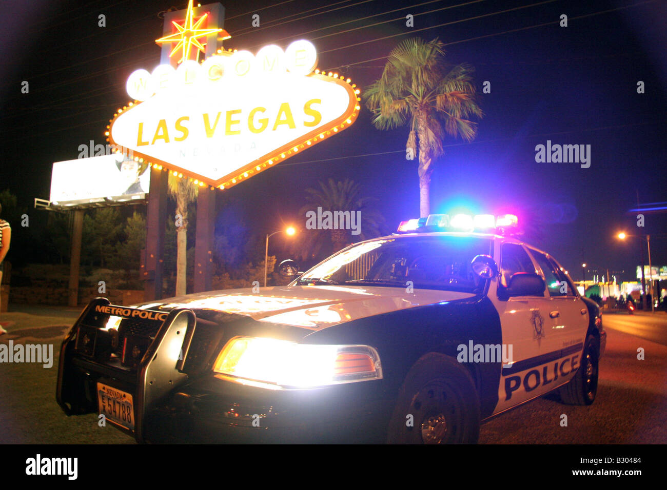 Las Vegas Zeichen und Polizei Auto Stockfoto