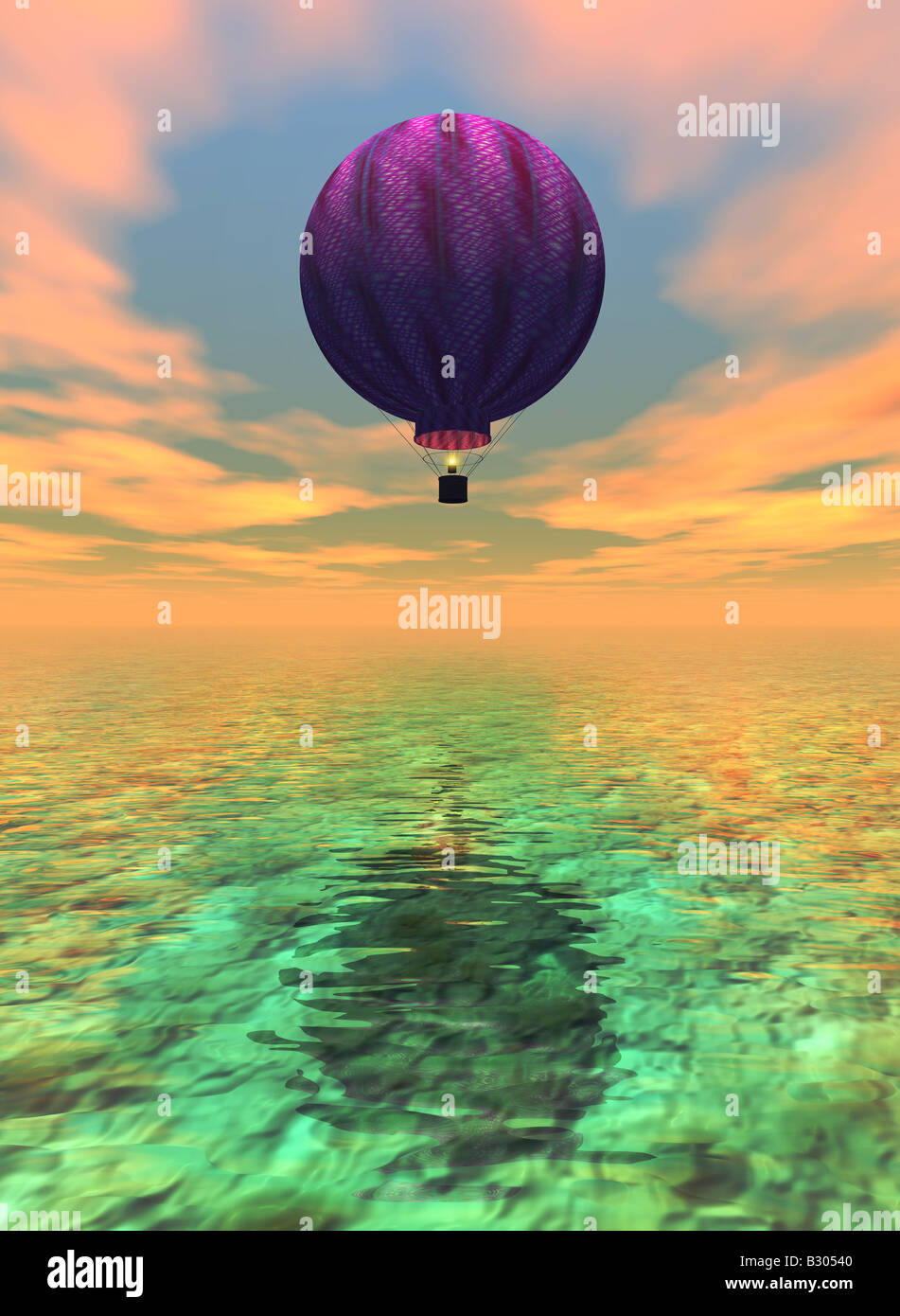 Abbildung der Heißluftballon über Meer in der Abenddämmerung Stockfoto