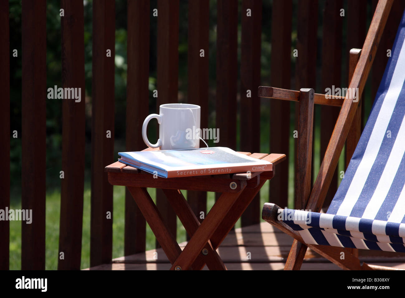 Einen erholsamen Sommer-Morgen-Tee und Buch auf der Terrasse Stockfoto