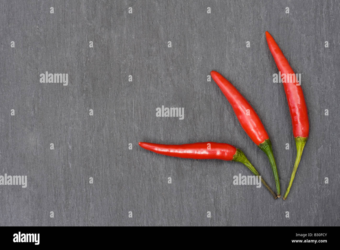 Drei rote Chilis auf Schiefer Stockfoto