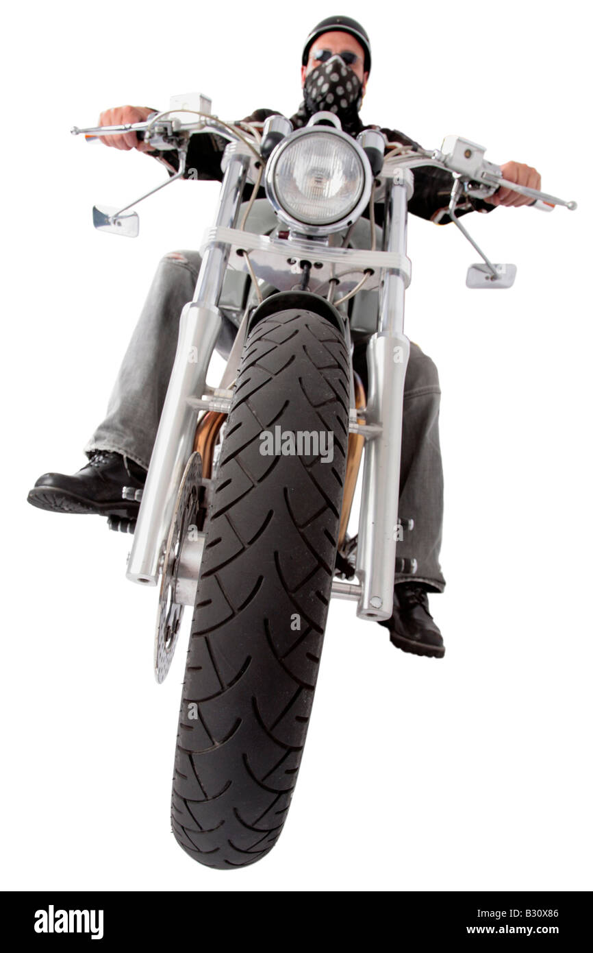 Harley Davidson-Fahrer mit seinem Motorrad Stockfoto