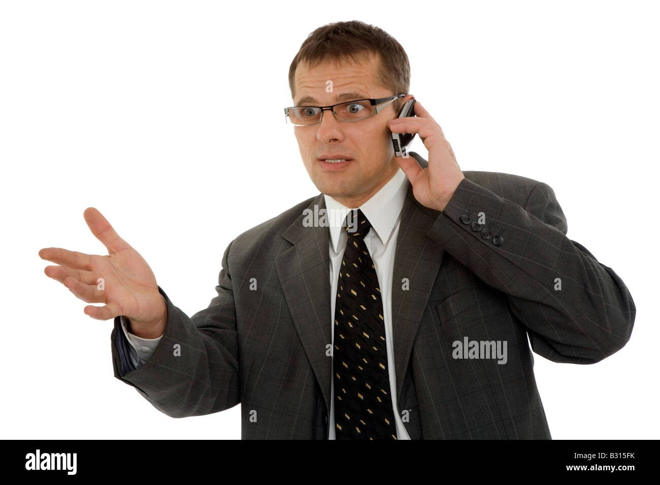 Geschäftsmann mit Handy auf weißem Hintergrund Stockfoto