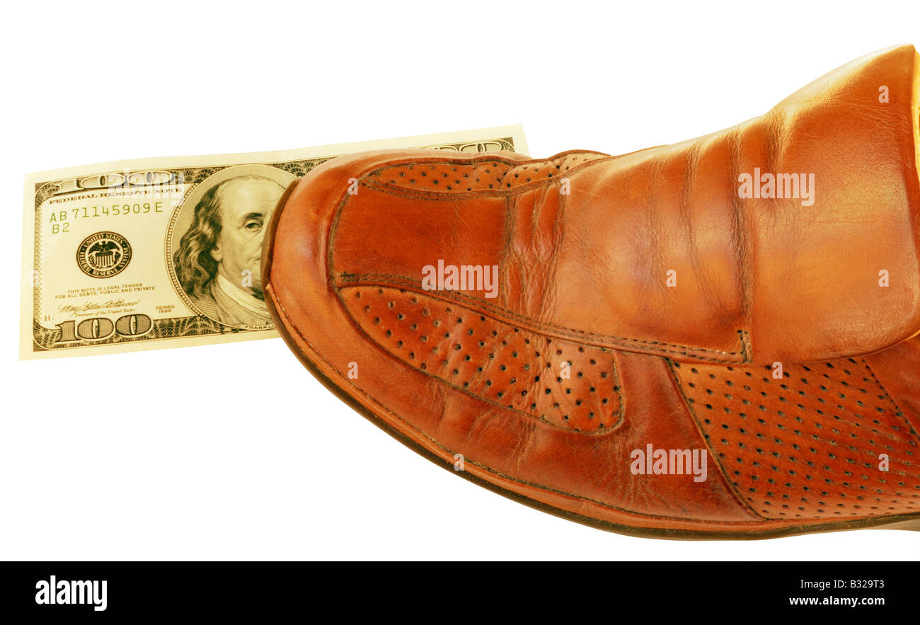 Stiefeletten mit Geld Banknoten der Vereinigten Staaten von Amerika-US-Dollar Stockfoto
