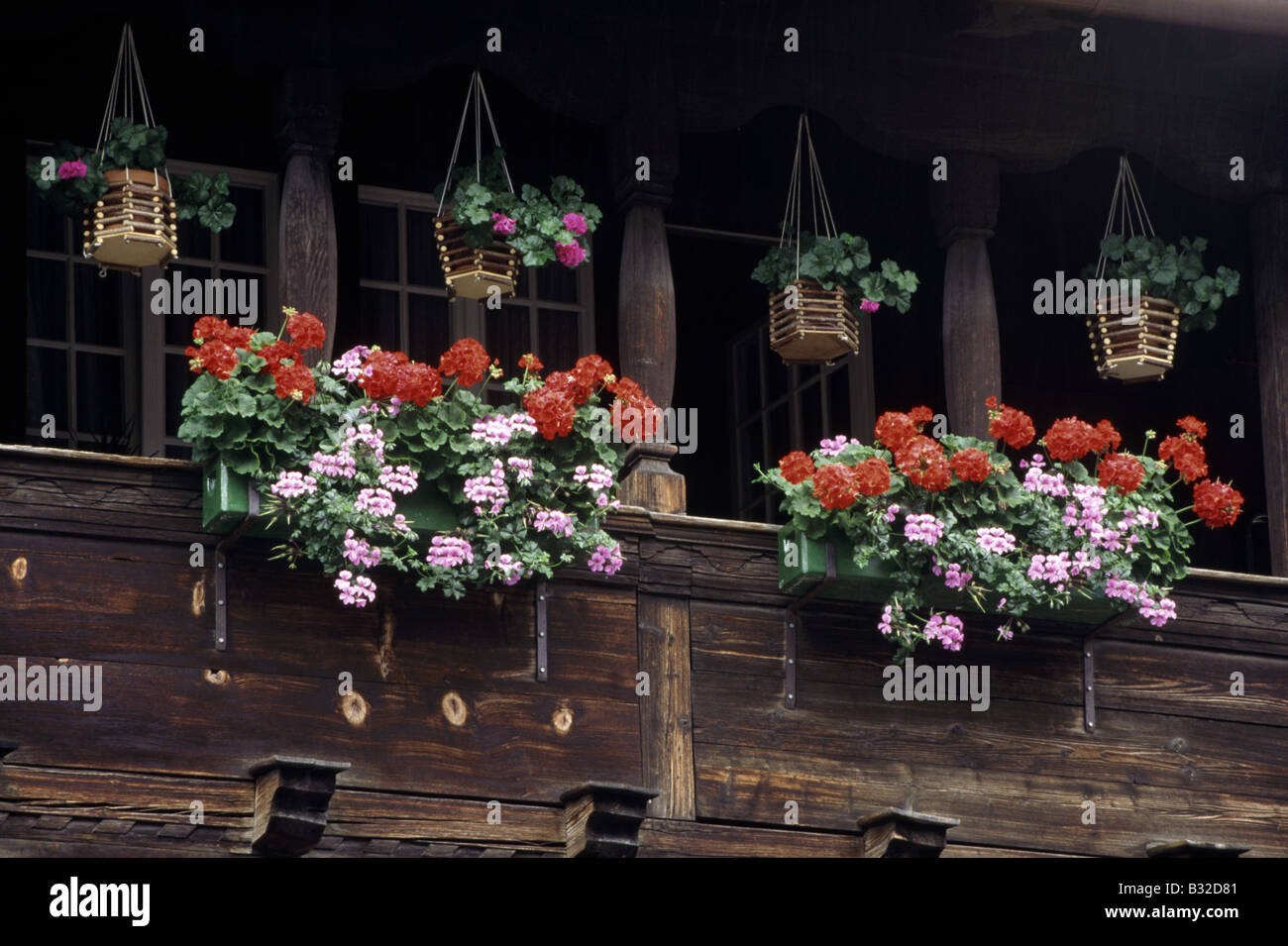 Traditionelles Haus Holzbalkone Balkonkästen Blumen Geranien rosa rot  BRIENZ Berner OBERLAND Schweiz Stockfotografie - Alamy