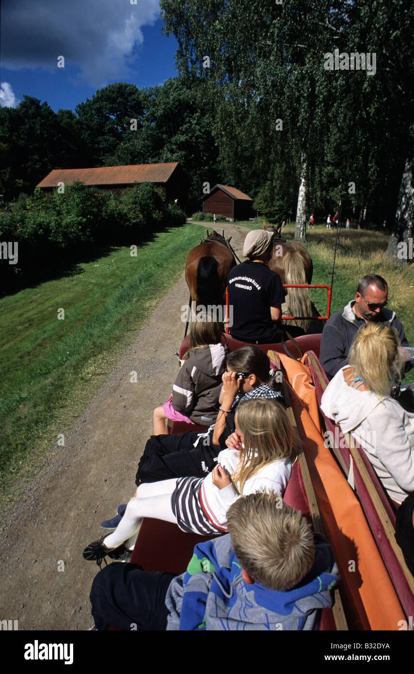 Schweden-Touristen in Visingso Insel auf Pferdekutsche Stockfoto