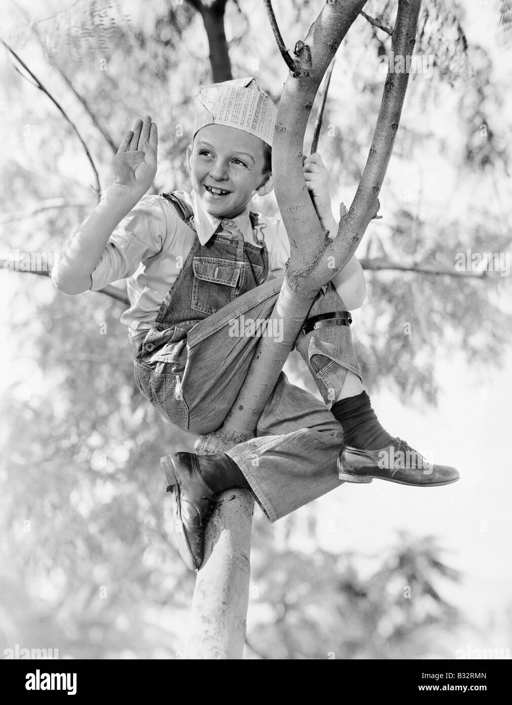 Niedrigen Winkel Blick auf ein Junge sitzt auf einem Baum Stockfoto