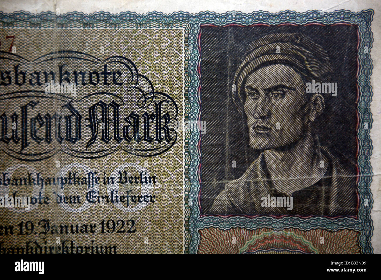 Nahaufnahme von einer traditionellen deutschen Reichsmark banknote Stockfoto