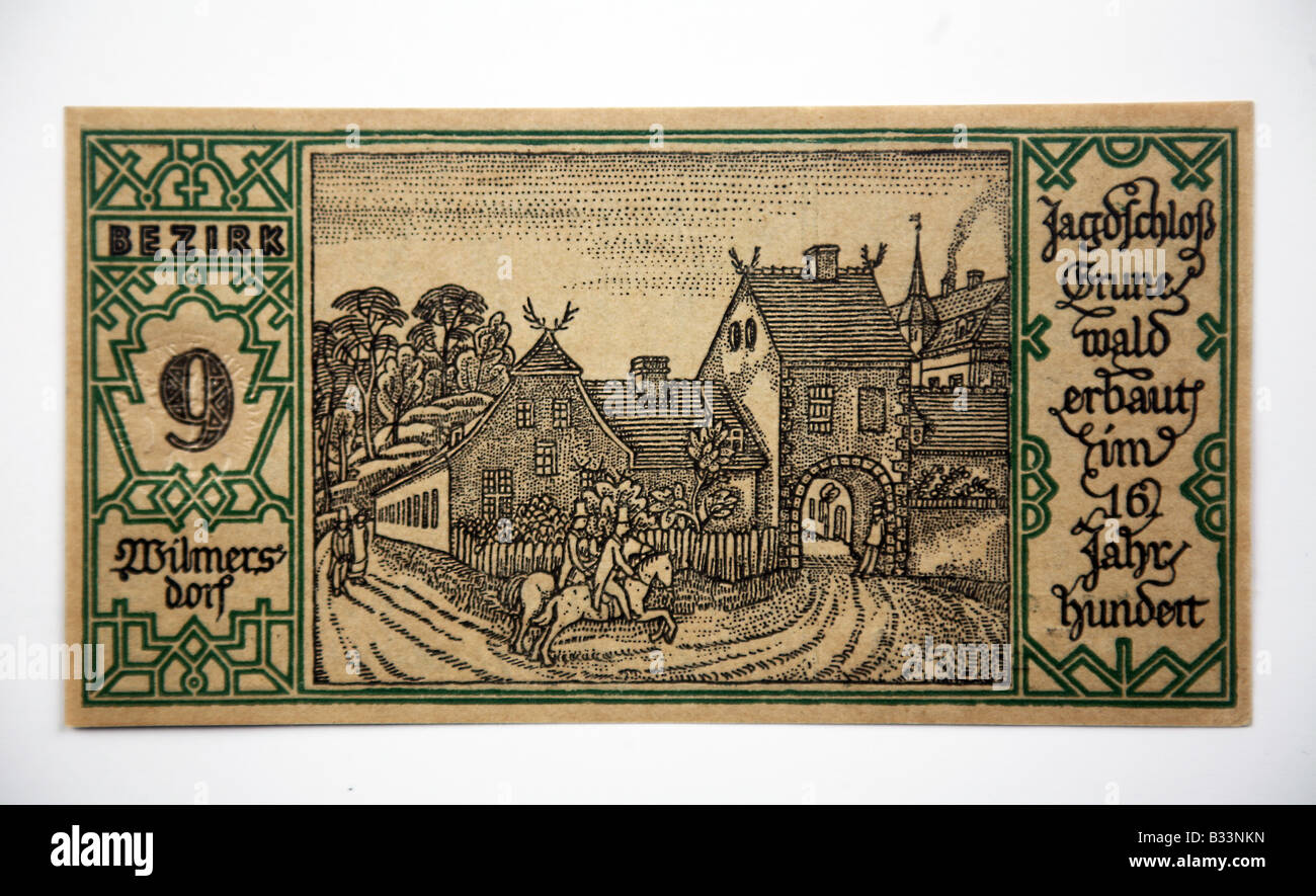 1921 BERLIN NOTGELD deutsche Banknote 9) Wilmersdorf - Jägers Burg erbaut im 16. Jahrhundert. Stockfoto