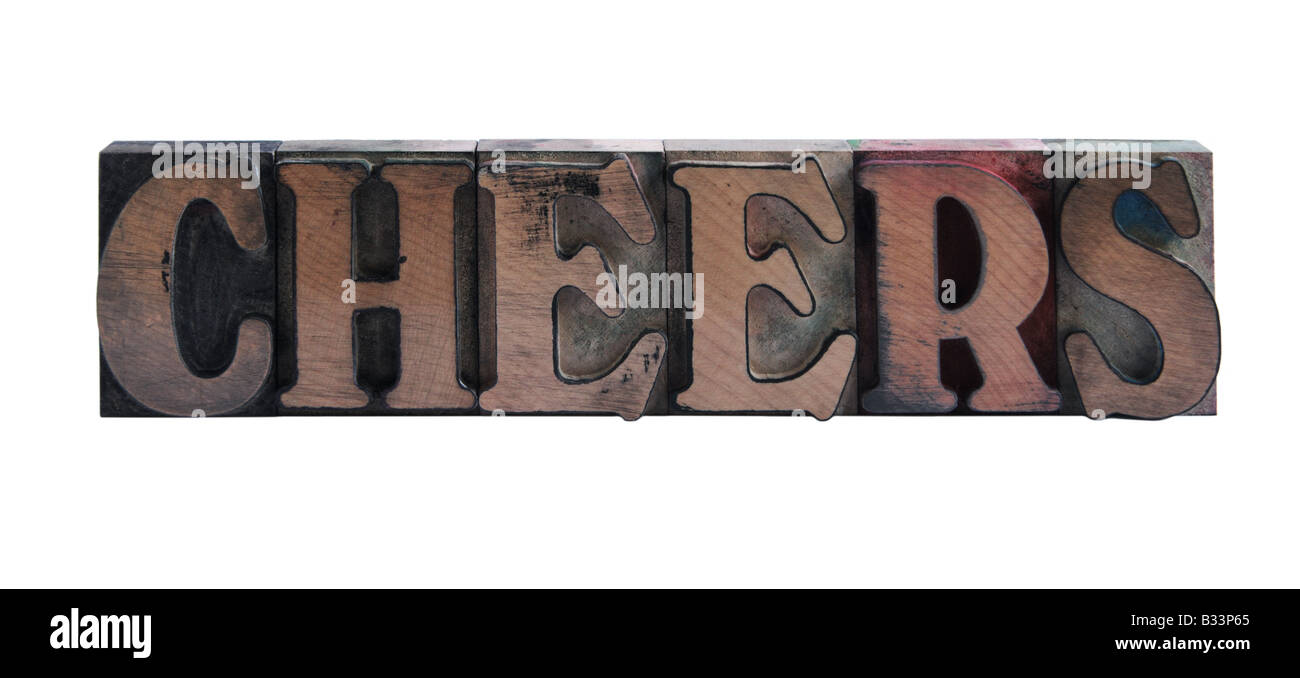 das Wort "Prost" in alten, blau gefärbten Holzart Stockfoto