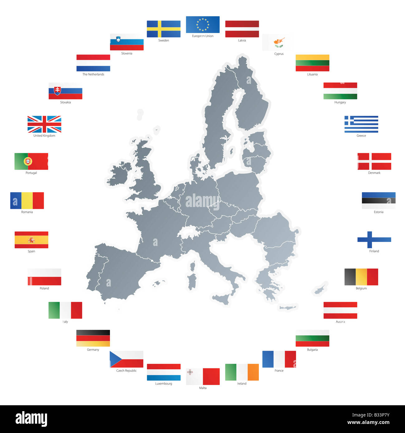 Vektor-Illustration der Flaggen der 27 Mitglieder der Europäischen Union ab 2008 sowie der NATO und der EU Stockfoto