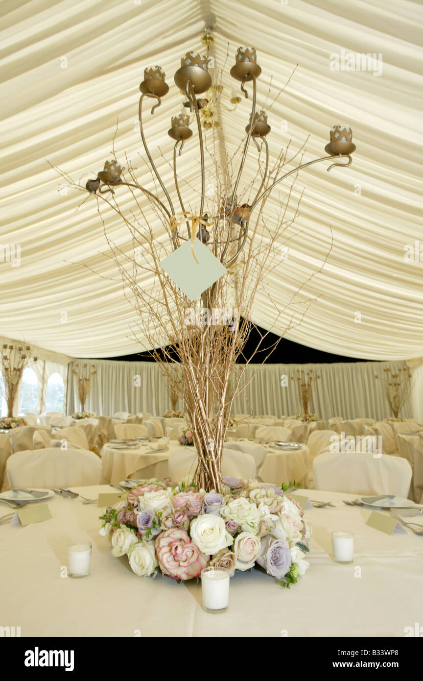 Vertikale Hochzeit Empfang Tabellenanzeige Blume Dekoration oder Präsentation mit leeren Namen Etikett im Vordergrund Stockfoto