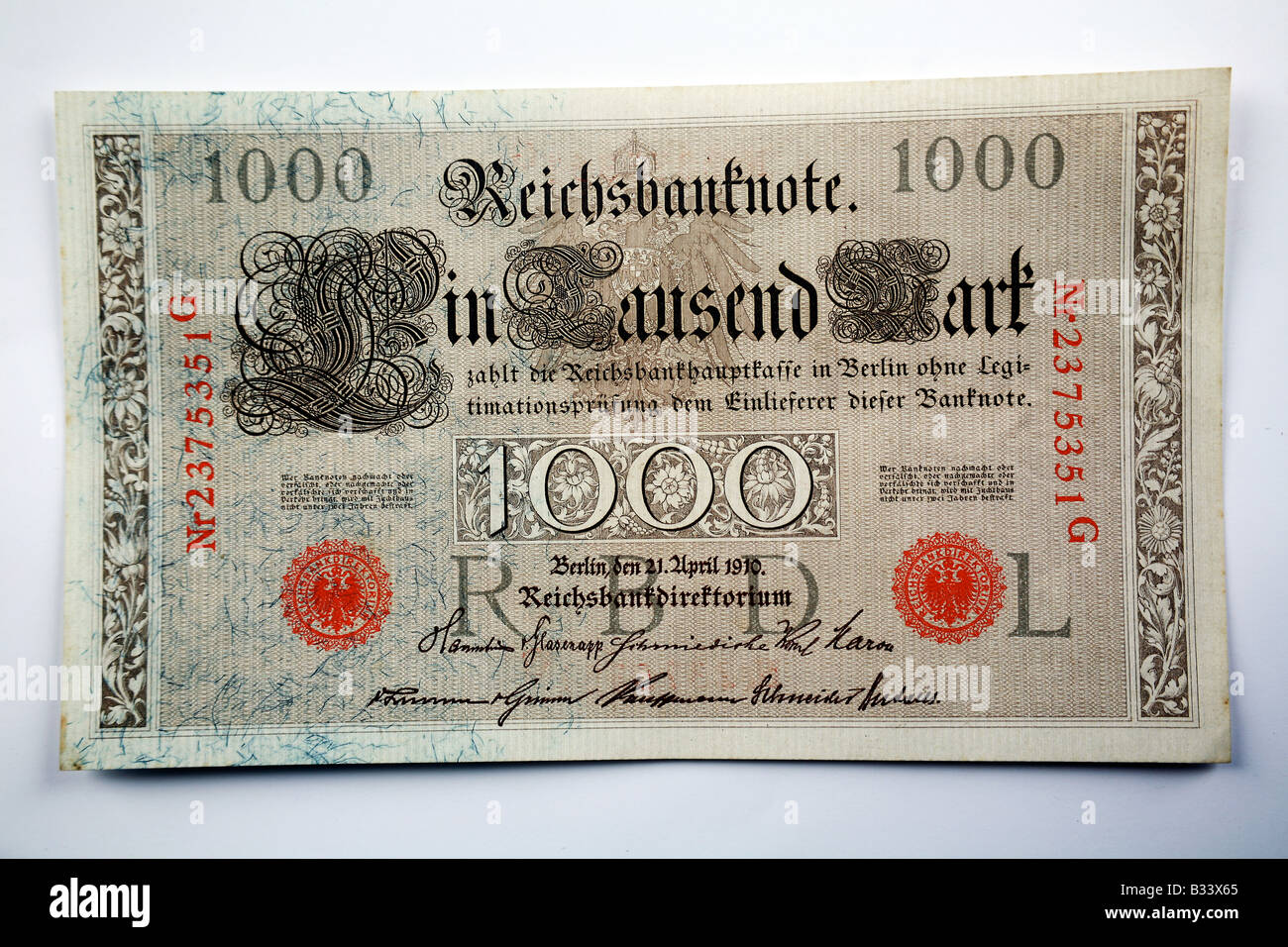 Nahaufnahme von einer traditionellen deutschen Reichsmark banknote Stockfoto