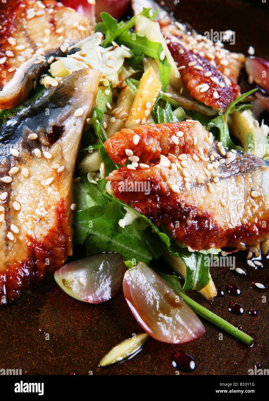 Japan-Speisen mit Fisch und Sesam Closeup Hintergrund Stockfoto
