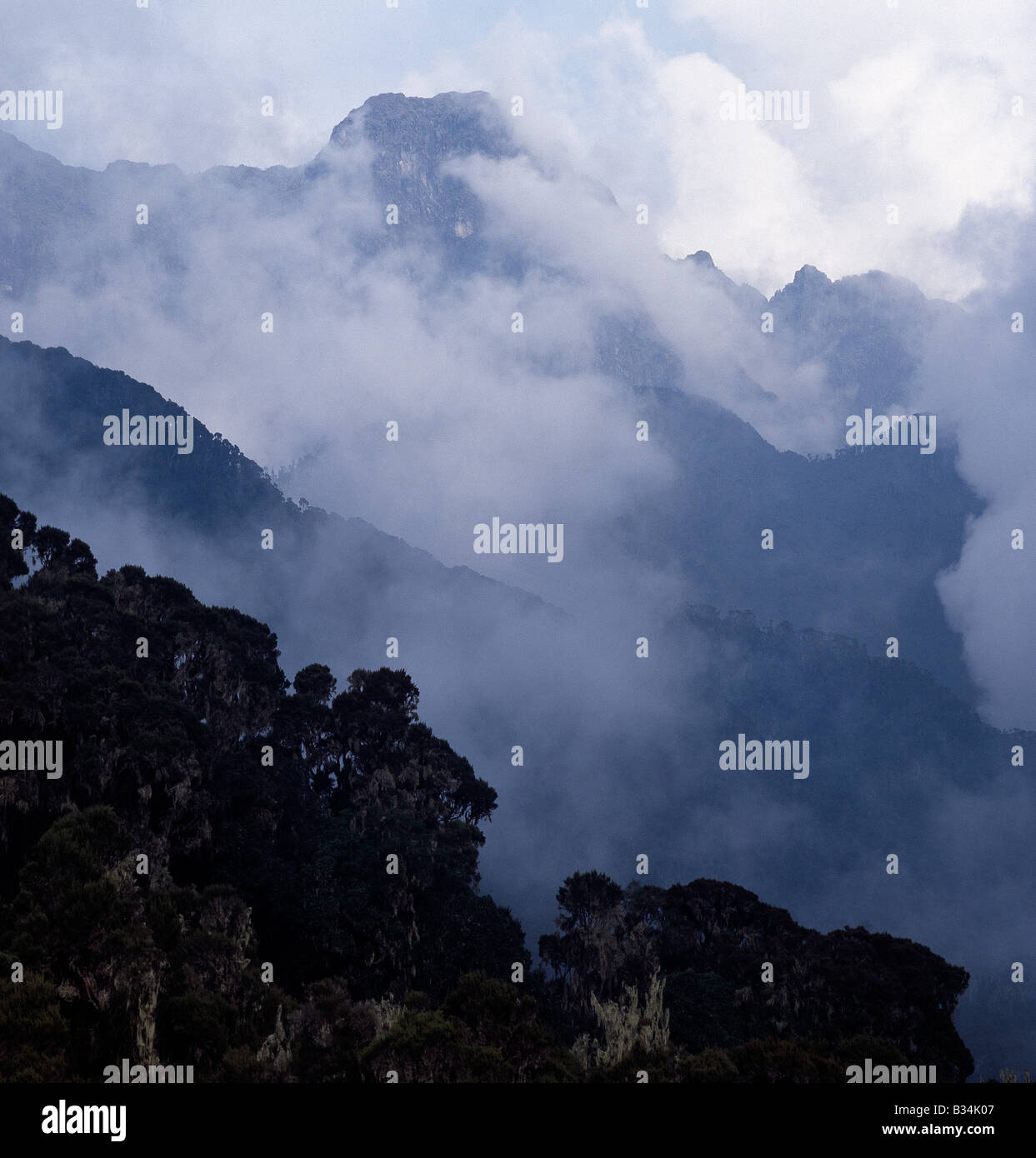 Uganda, westlichen Uganda, Ruwenzori-Gebirge. Wolken löschen um die Portal-Gipfel (14.000 ft) zu offenbaren. Foto von John Matte Hütte (11.200 Fuß). Stockfoto