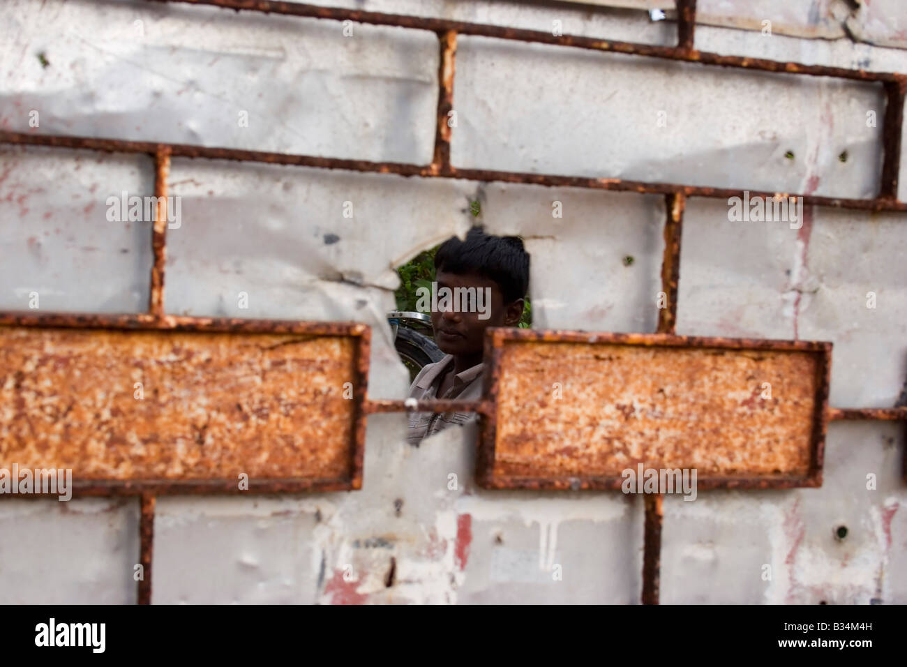 Ein Lokalmatador späht durch ein Loch in den Zaun seines Hauses, Mannar, Sri Lanka Stockfoto