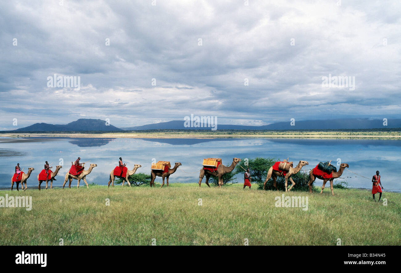 Kenia, Provinz Rift Valley, Magadi. Maasai-Männer führen eine Kamel-Karawane beladen mit Ausrüstung für eine "fliegen-Camp" (ein kleines temporäres Lager) vorbei an Lake Magadi. Wolken hängen tief über den Nguruman Escarpment (Westwand des Great Rift Valley) in der Ferne. Stockfoto