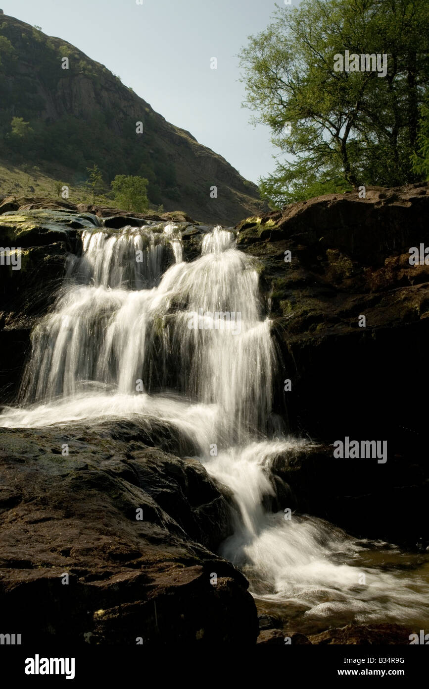 Wasser Kaskadierung über Felsen verstreut Langstrath Beck in der Nähe von Stonethwaite Lake District National Park Cumbria Stockfoto