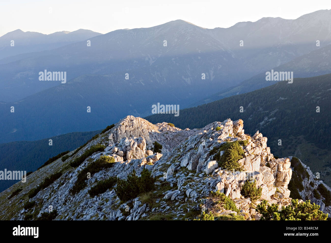 Licht des frühen Morgens auf Sinanitsa Berghänge in World Heritage Site Nationalpark Pirin Bulgarien Stockfoto
