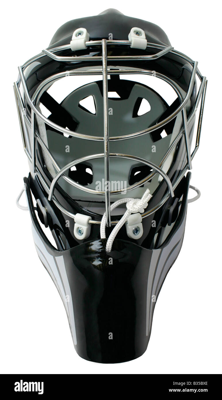 Dies ist eine Nahaufnahme eines Eishockey-Torwart-Helms Stockfoto