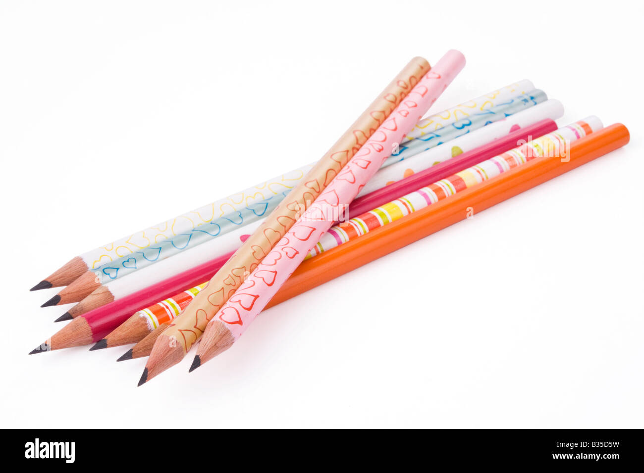 Bunte Bleistifte Sammlung für Schulkinder auf weiß Stockfoto
