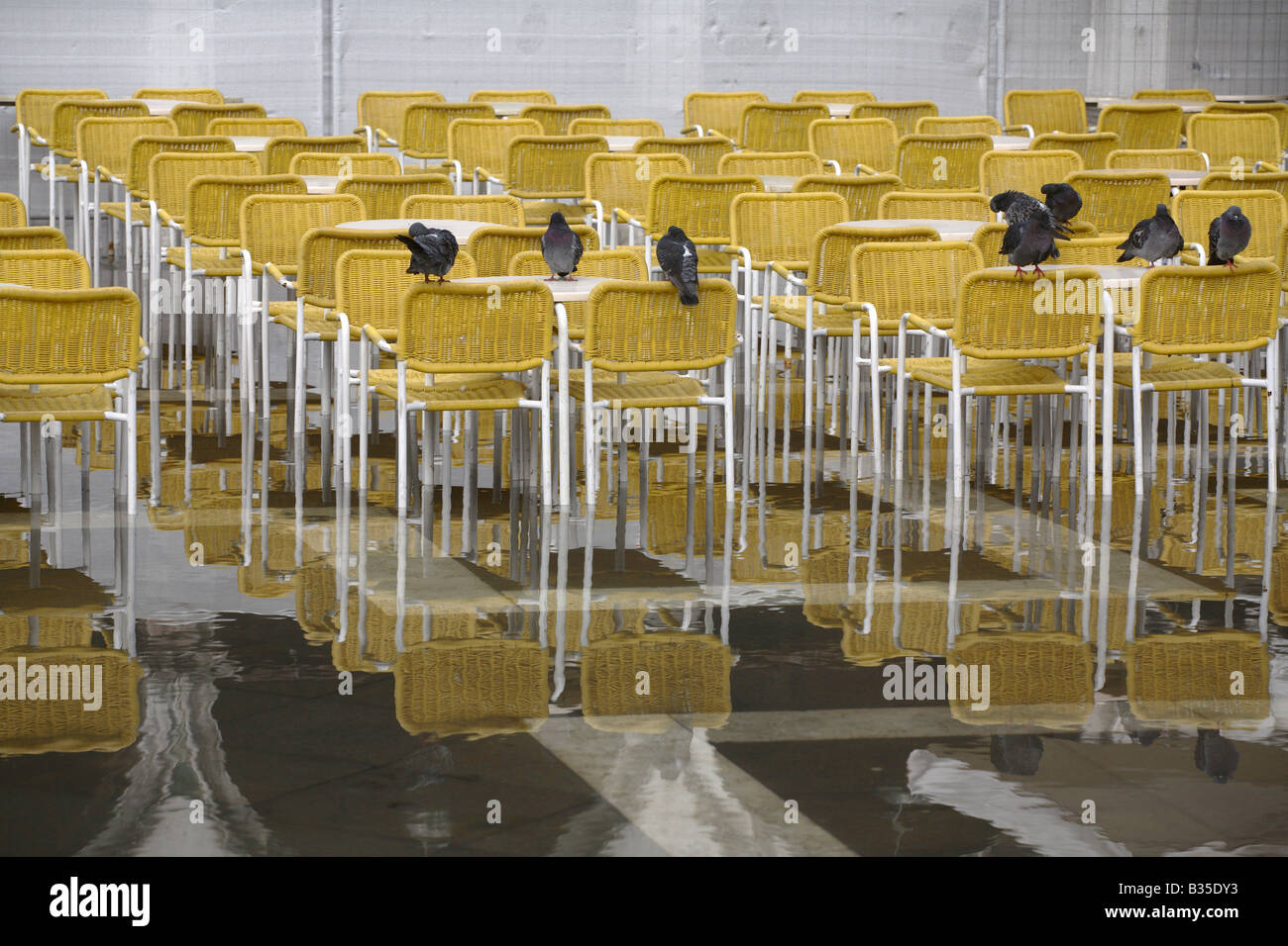 Überfluteten Stühle auf dem Markusplatz, Venedig, Italien Stockfoto