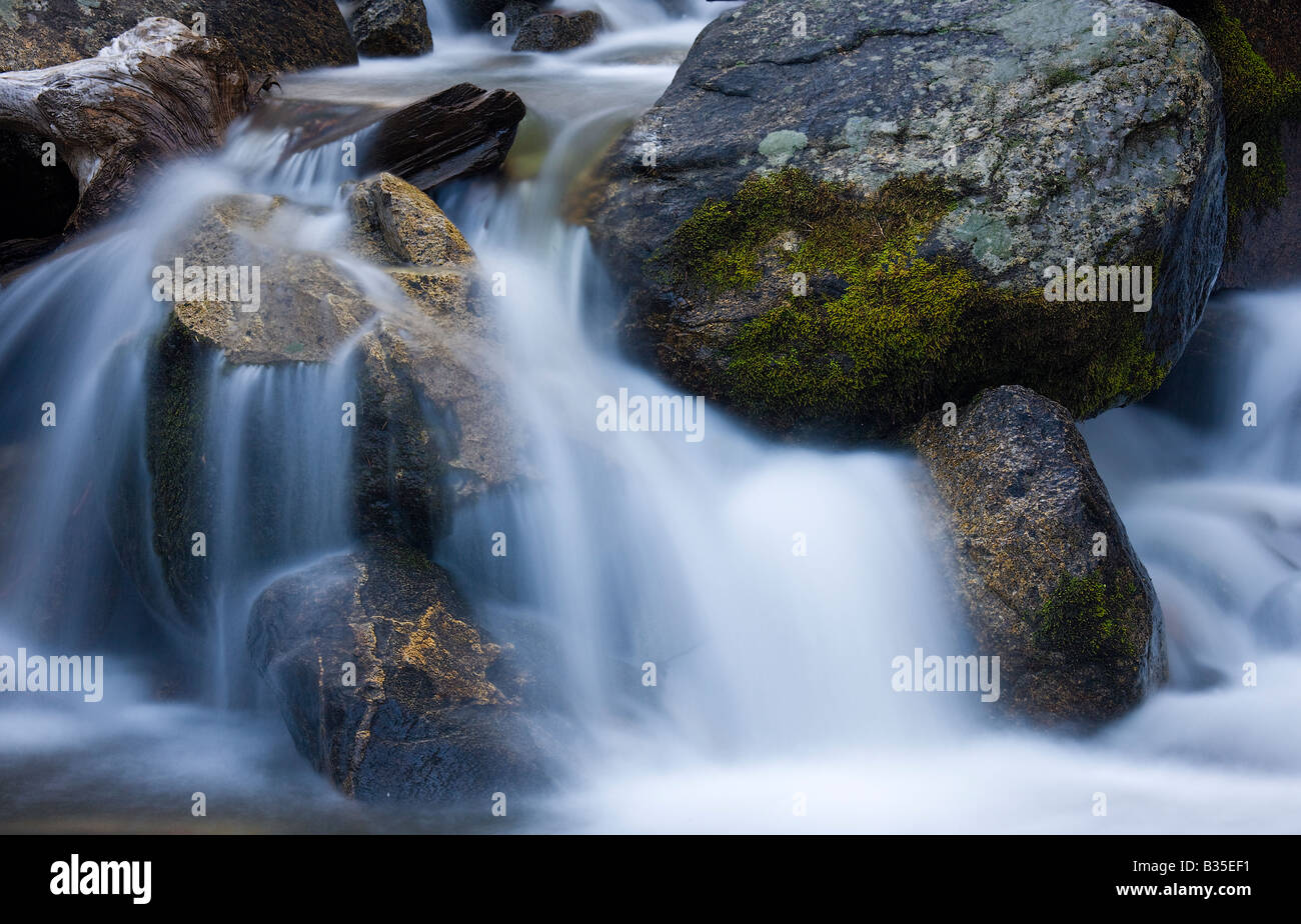 Ein kleiner Wasserfall entsteht durch schwere Feder Schneeschmelze entlang Bridalveil Creek Yosemite Nationalpark, Kalifornien USA Stockfoto