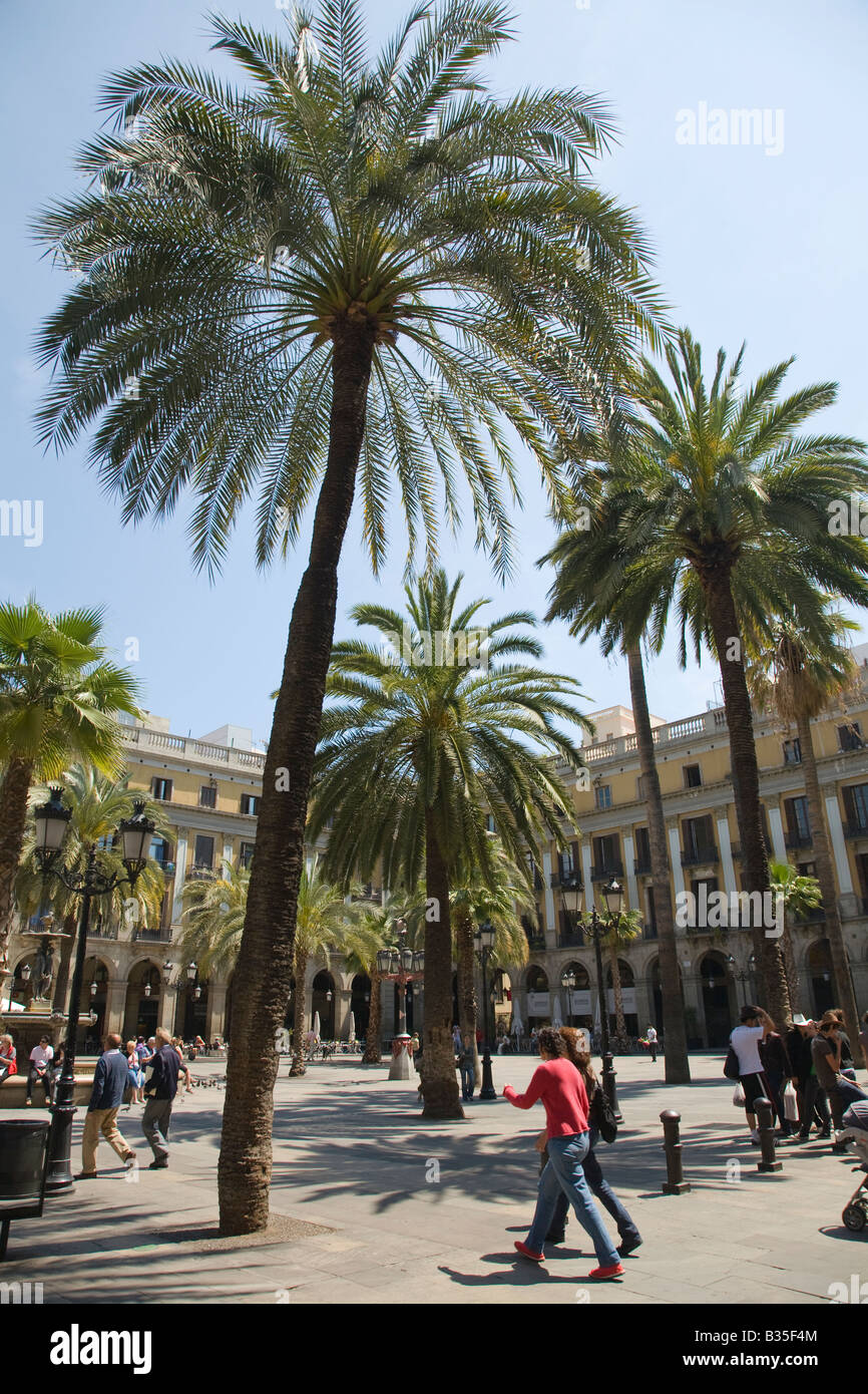Spanien Barcelona Menschen gehen letzten Palmen und Brunnen im Placa Reial neoklassischen quadratische plaza Stockfoto