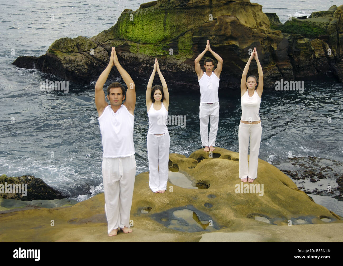 Zwei junge Männer und zwei junge Frauen praktizieren Yoga in der Baumpose Stockfoto