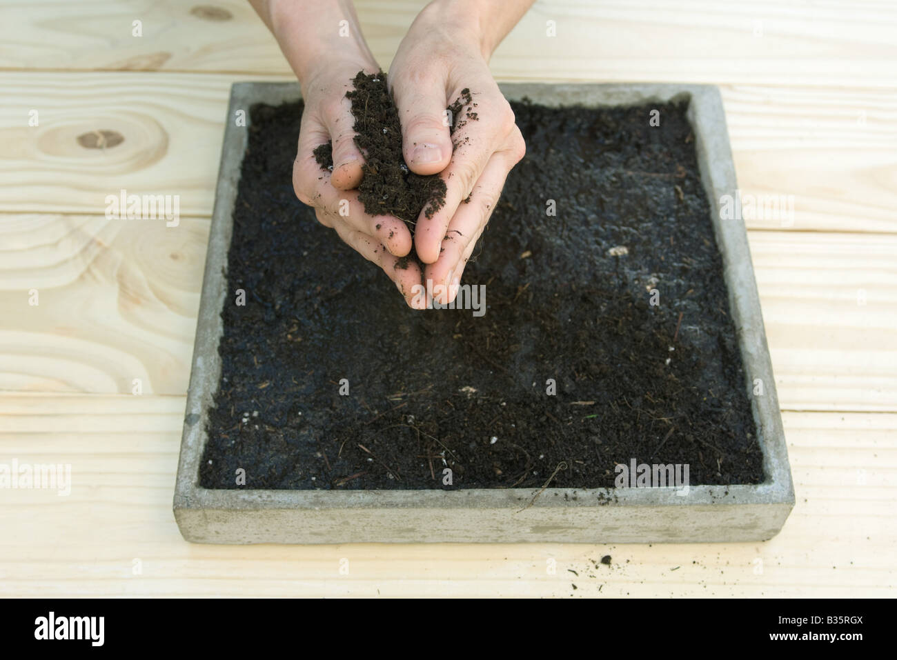 Handvoll Gartenarbeit Boden über ein Tablett voller Schmutz Stockfoto