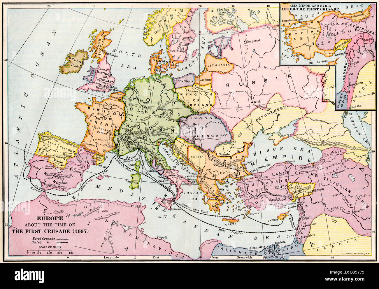 Karte von Europa in der Zeit des Ersten Kreuzzuges 1097 AD. Farblithographie Stockfoto