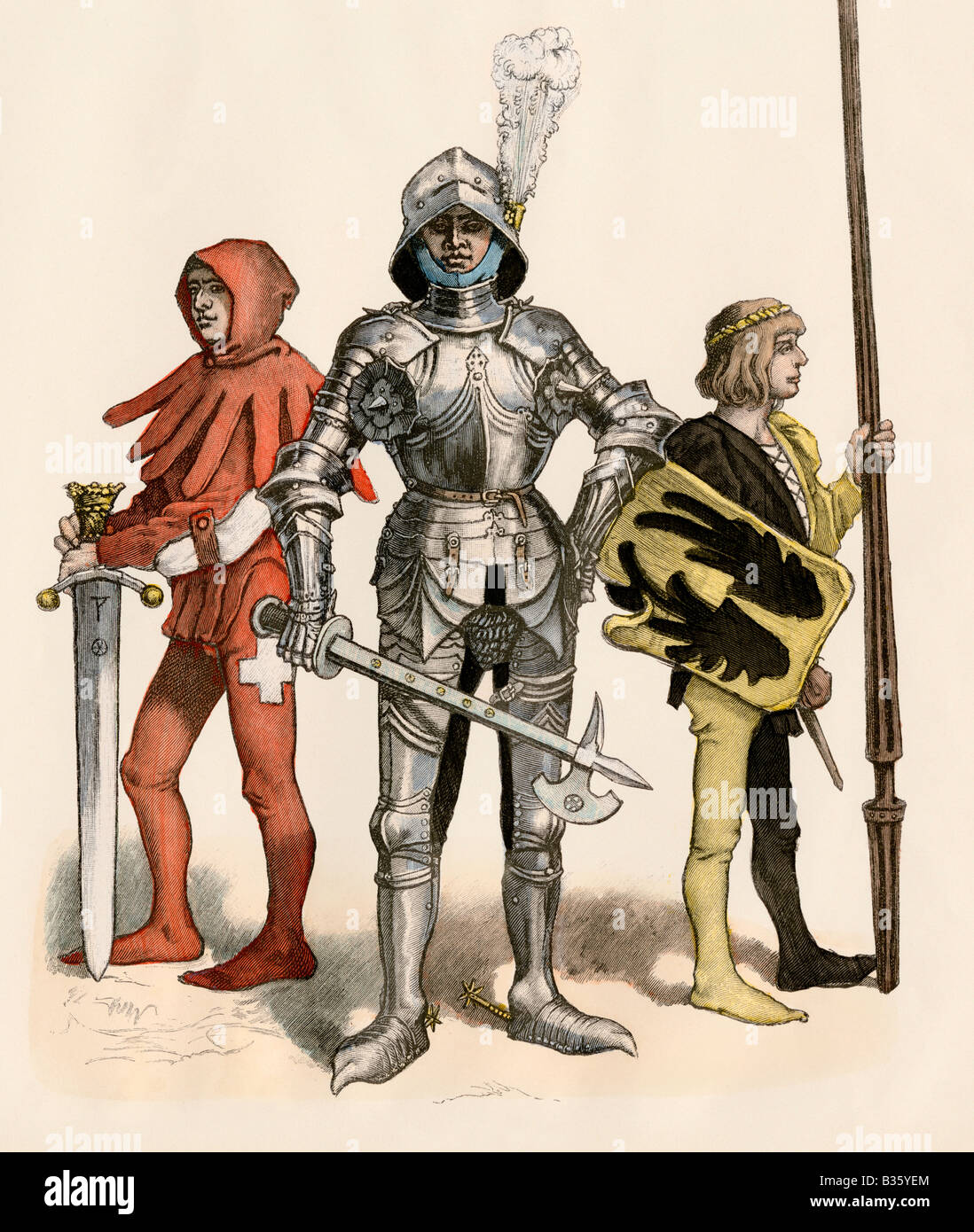 Schweizer Ritter in Rüstung und mit seiner Seite und knappe 1400s. Hand-farbig drucken Stockfoto