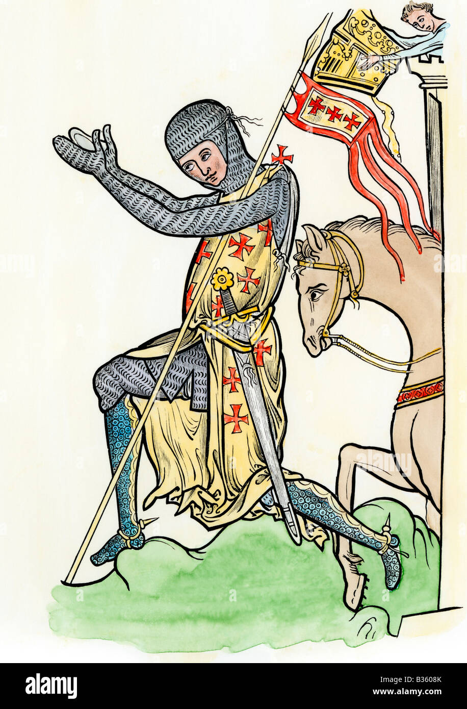 Ritter in Rüstung Hommage an seinen Herrn späten 1200er. Hand - farbige Holzschnitt Stockfoto