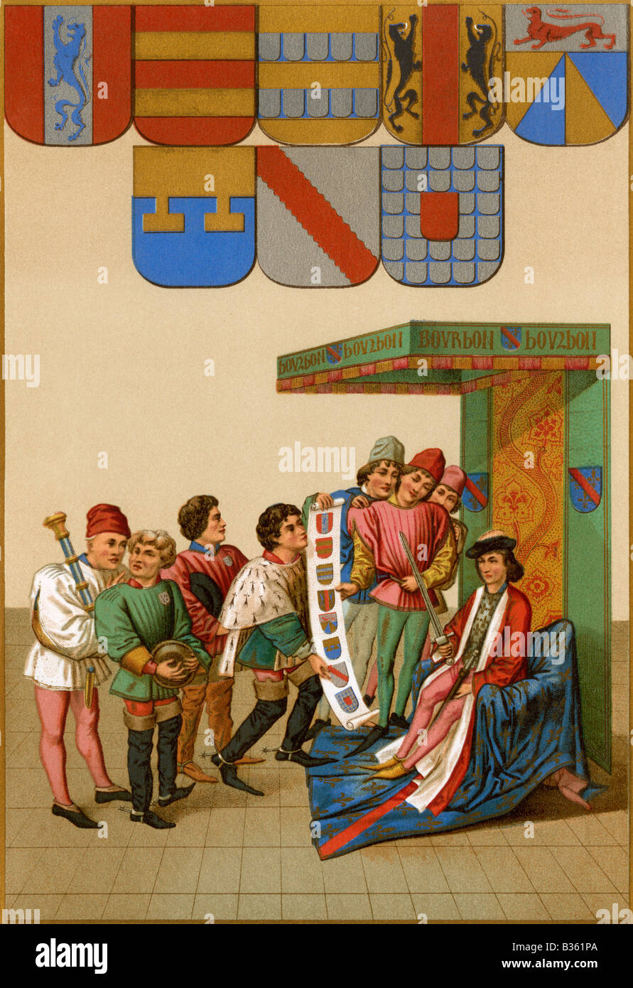 Duc de Bourbon Überprüfung die Wappen der Ritter in einem Turnier. Farblithographie Stockfoto