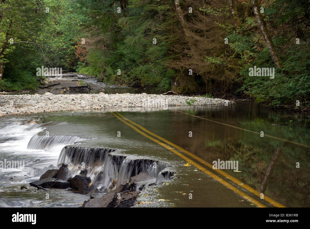 Auswaschen der North Fork Skykomish River Road im Bundesstaat Washington Mount Baker-Snoqualmie National Forest. Stockfoto