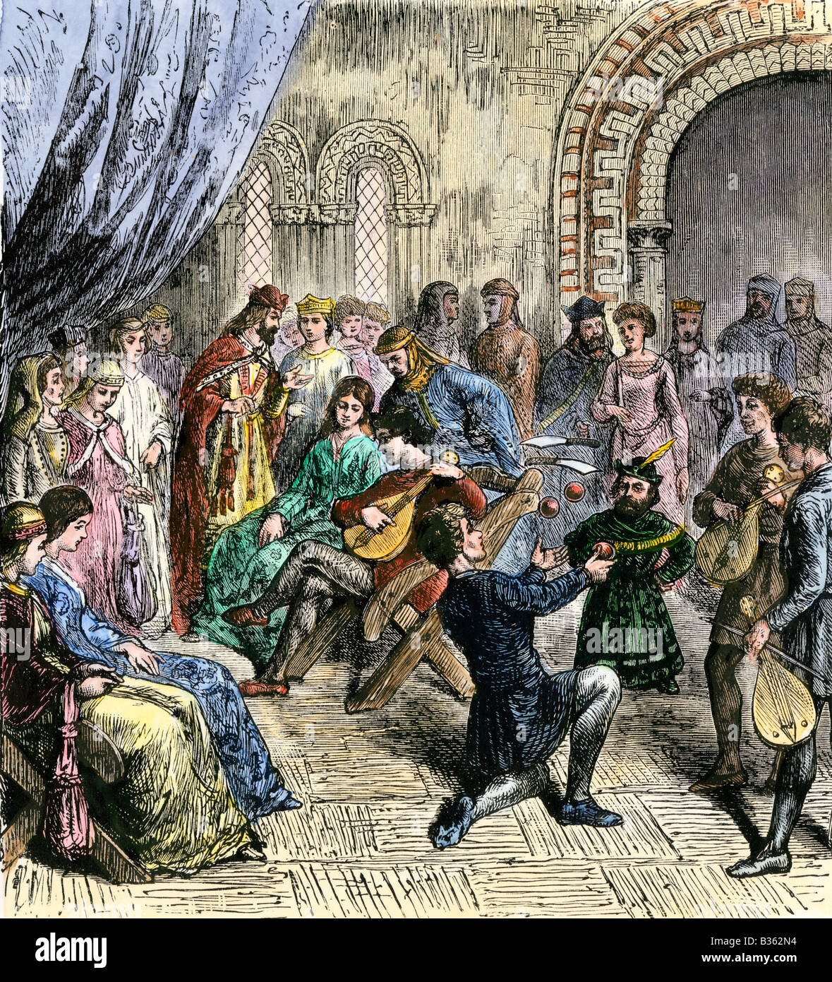 Spielleute und Gaukler sie an einer königlichen Hof Mittelalter. Hand - farbige Holzschnitt Stockfoto