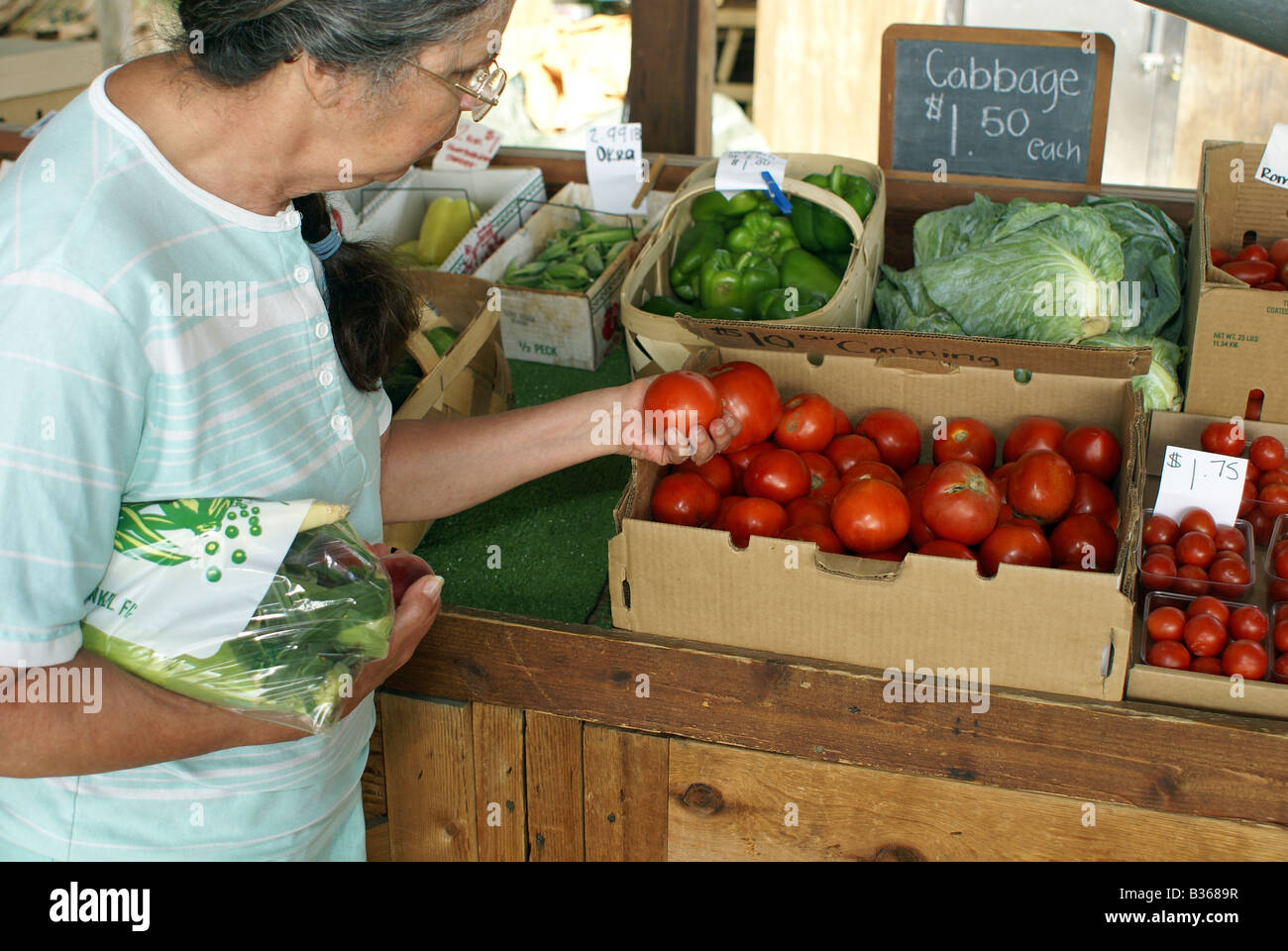Smart Shopper am Bauernmarkt Stockfoto