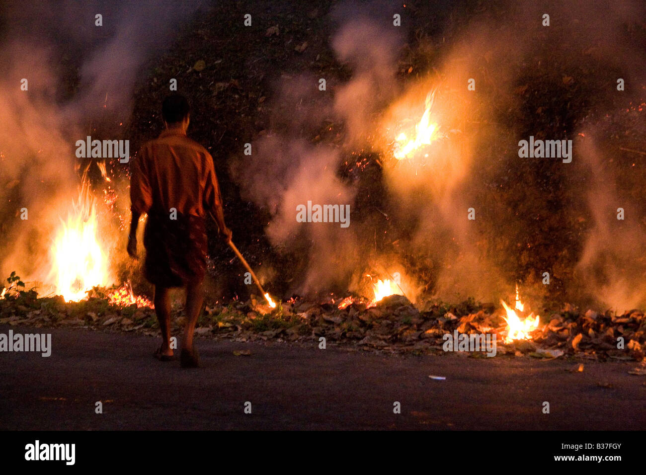 Ein Mann steuert ein Feuer im Wald von Wayanad Distrikt von Kerala, Indien. Stockfoto