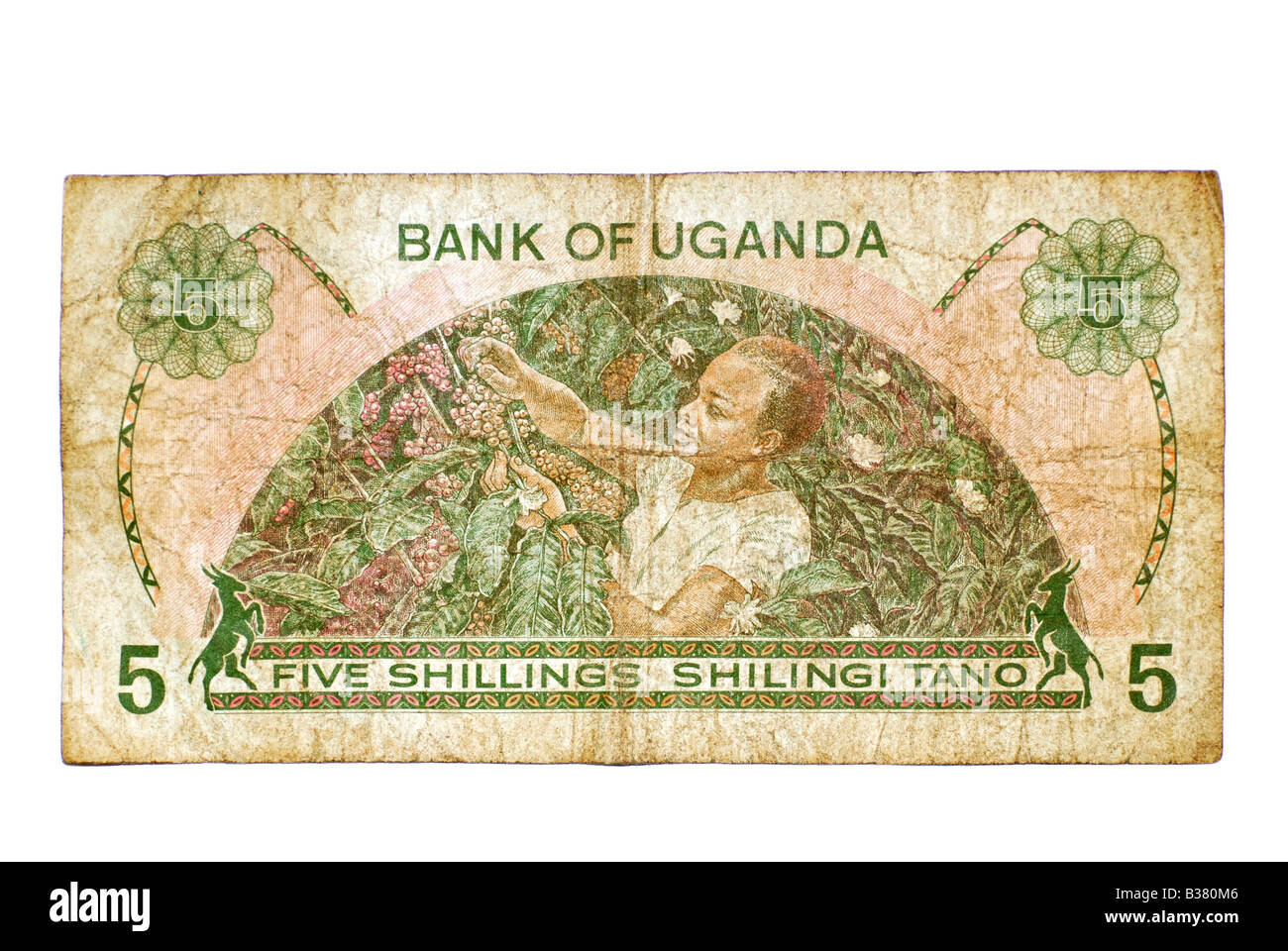 Banknote, Uganda 5 Schillinge Ostafrika Währung von 1982 verwendet Stockfoto