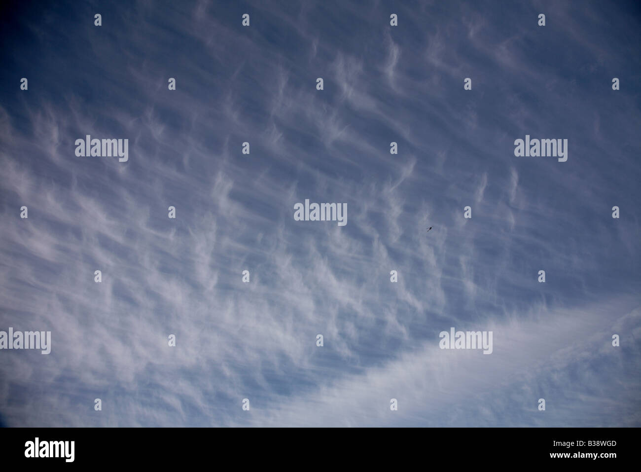 Altocumulus Wolken gegen ein Reich blauer Himmel und eine winzige bekommen Ranger Bell 206 Hubschrauber Stockfoto