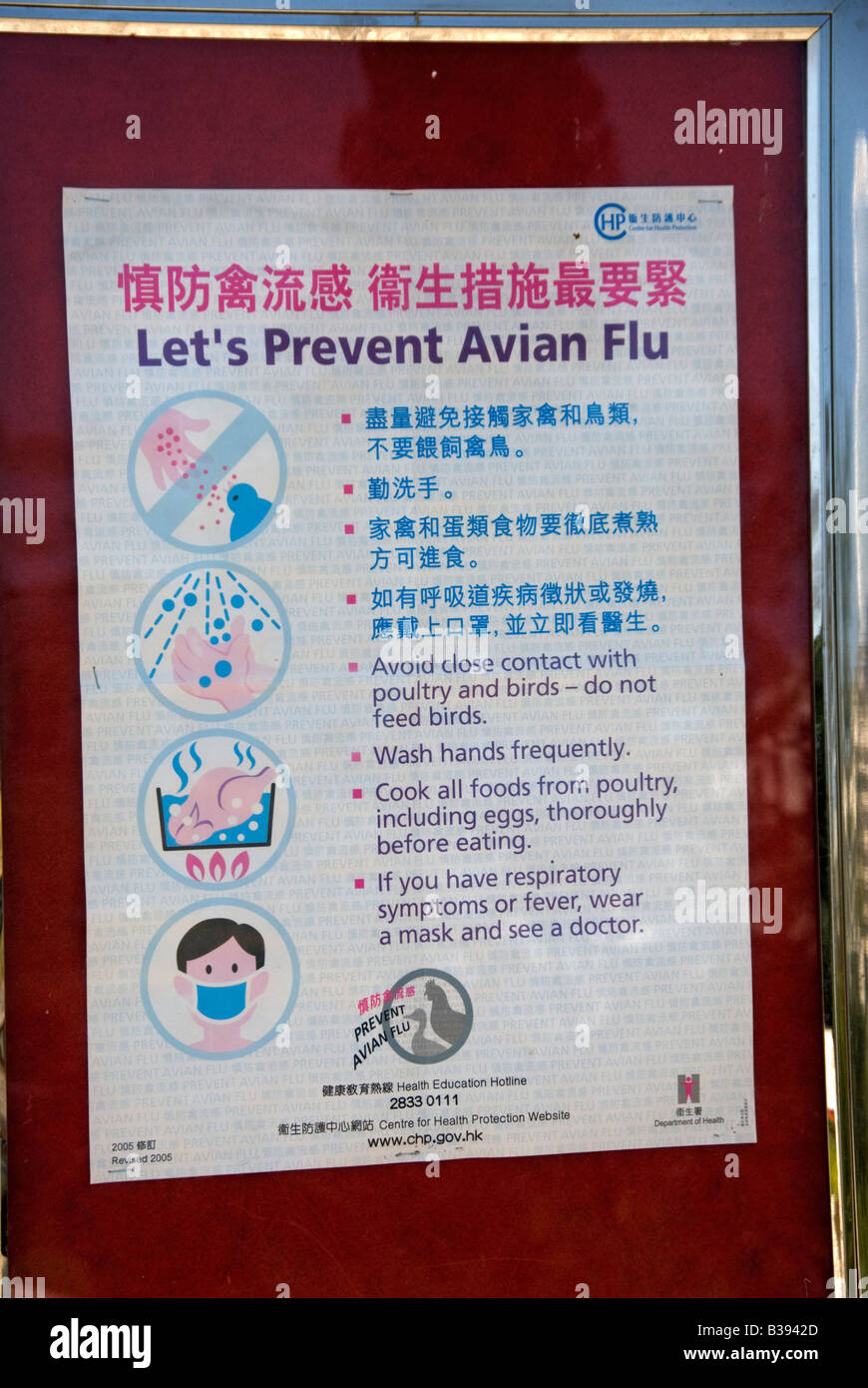 Vogel-Grippe-Poster, Hong Kong 2008 Stockfoto